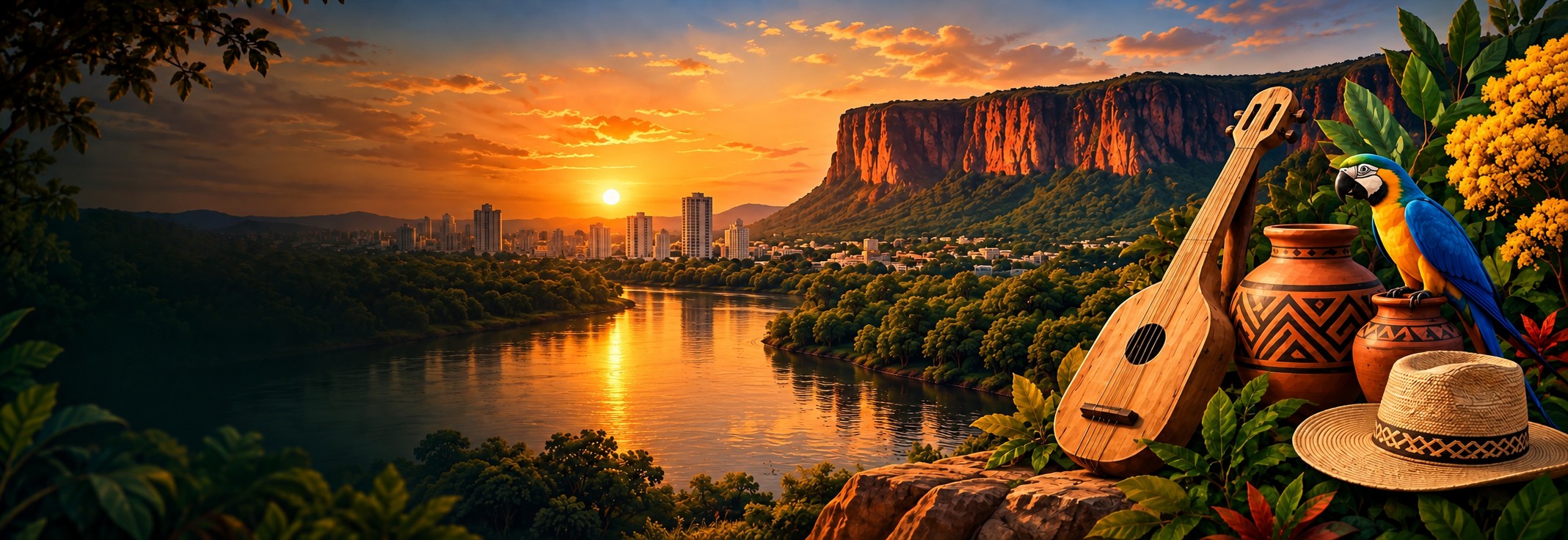 Cuiabá ao pôr do sol com a Chapada dos Guimarães ao fundo e objetos da cultura mato-grossense